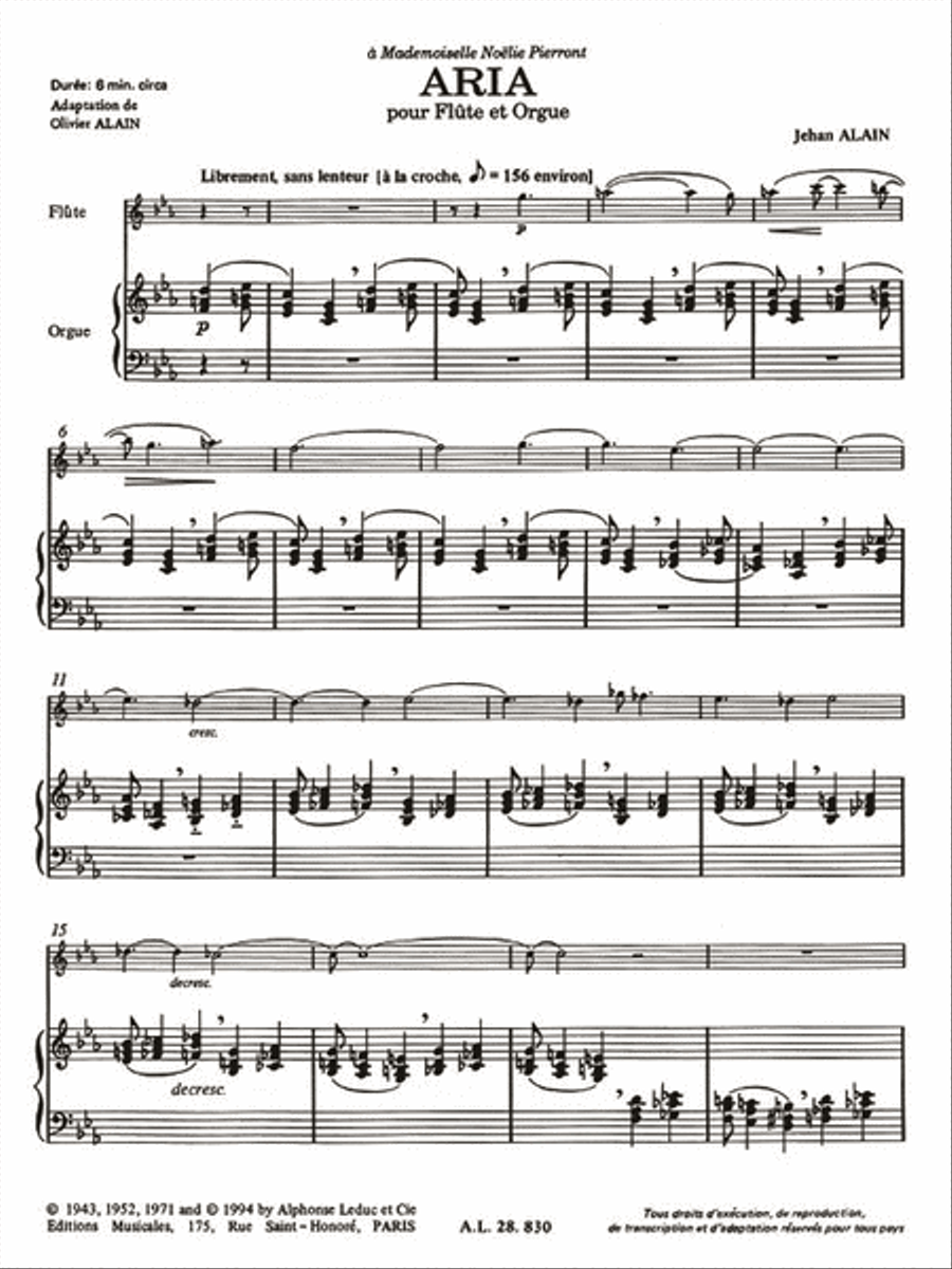 Aria, Adaption For Flute And Organ By Olivier Alain Flute Solo scores gallery preview page 2