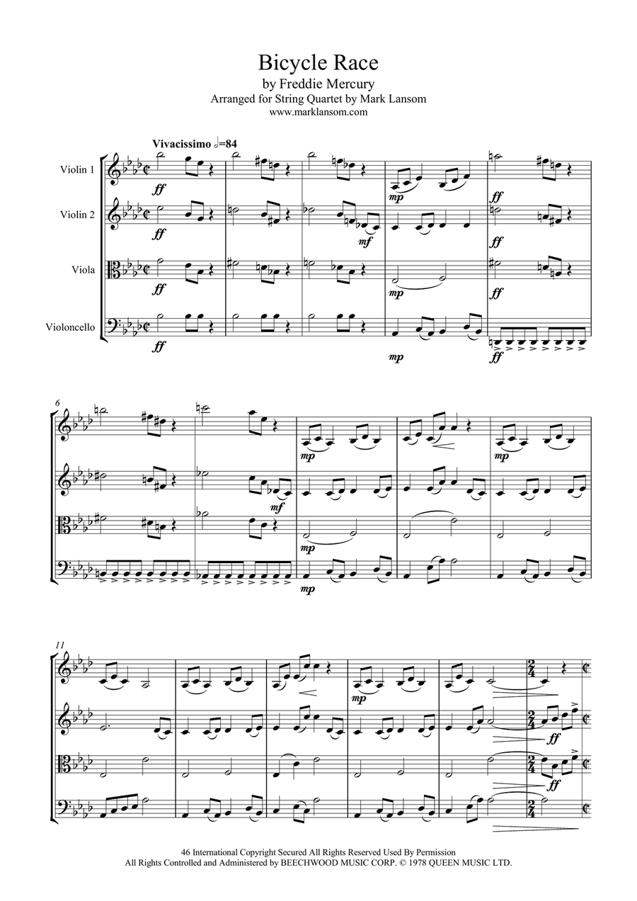 Bicycle Race String Quartet scores gallery preview page 1