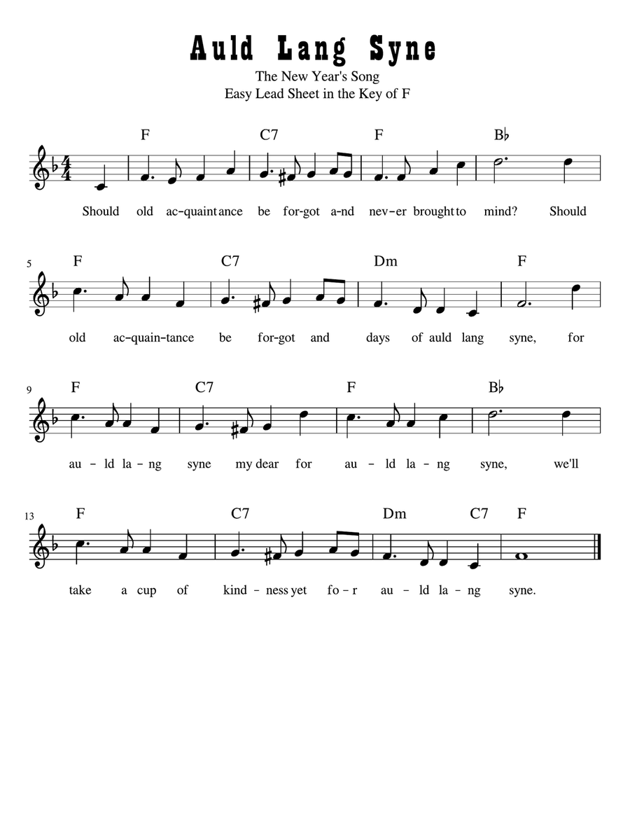 Auld Lang Syne Easy Lead Sheet in F Major Small Ensemble scores gallery preview page 1