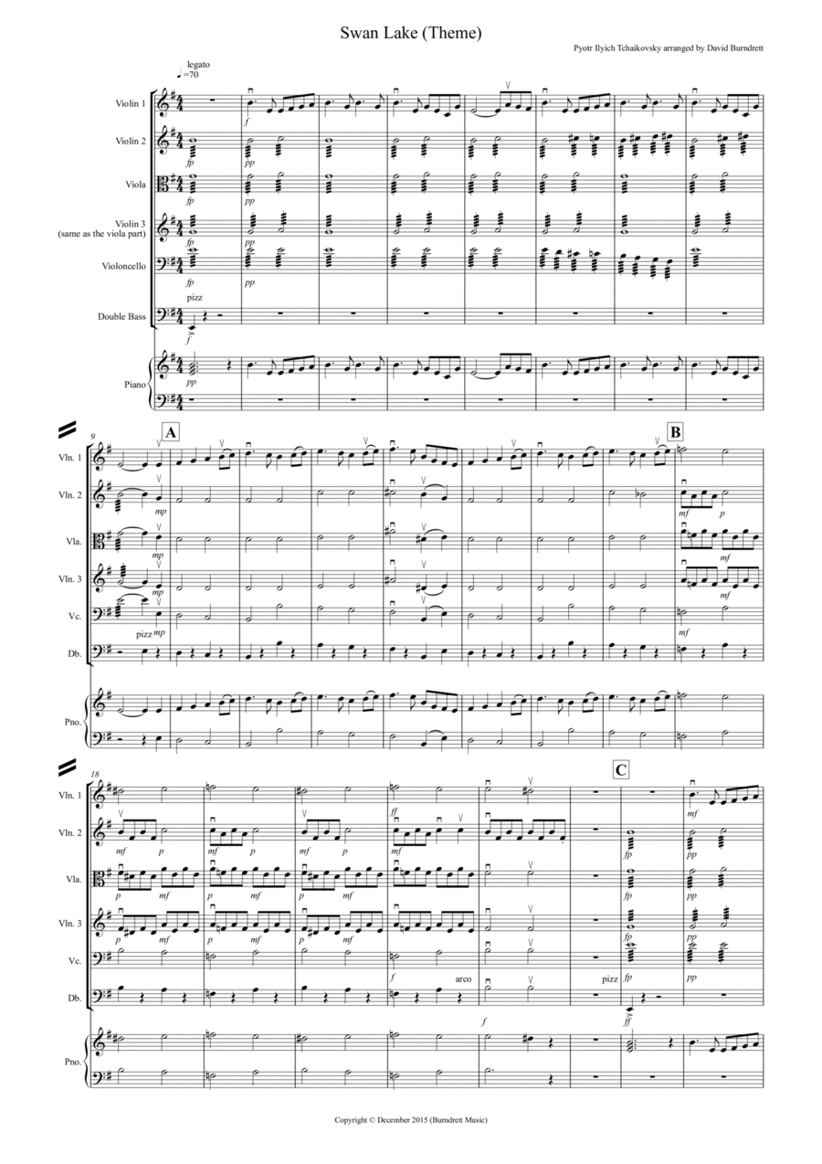 Swan Lake Theme for String Orchestra String Quartet scores gallery preview page 1