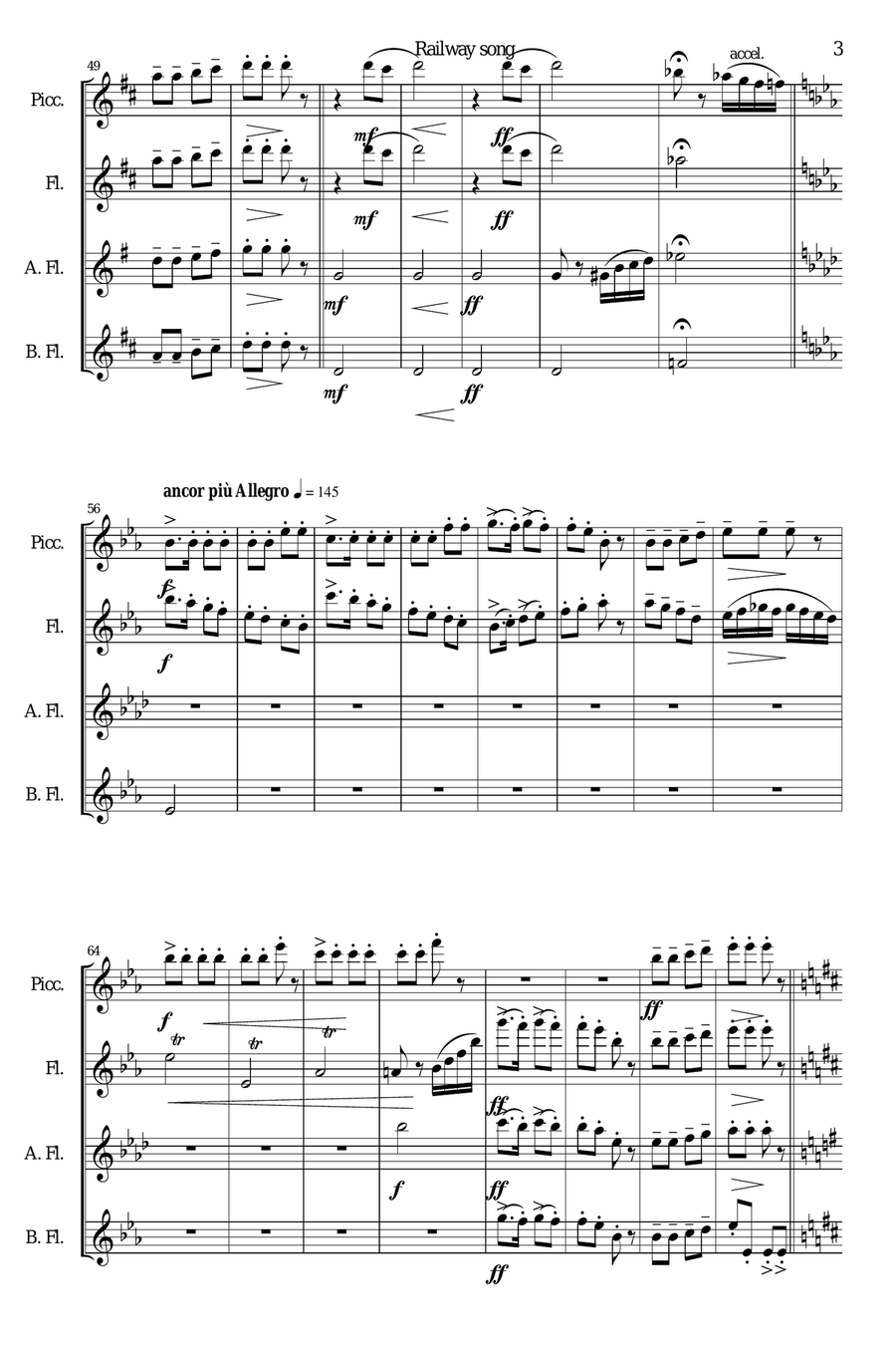Railway Song (Auf de schwäb'sche Eisebahne) for piccolo, flute, alto flute and bass flute Piccolo scores gallery preview page 3