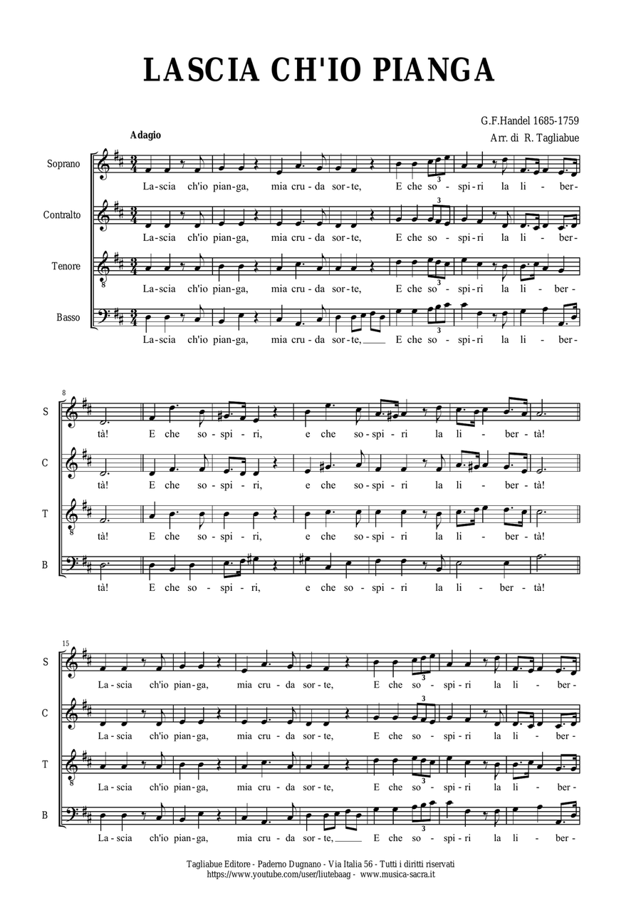 LASCIA CH'IO PIANGA - G.F. Handel - Arr. for SATB Choir 4-Part scores gallery preview page 2