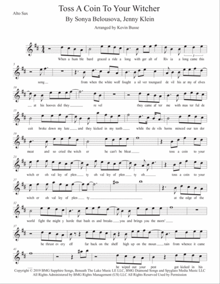 Toss A Coin To Your Witcher Alto Saxophone scores gallery preview page 1