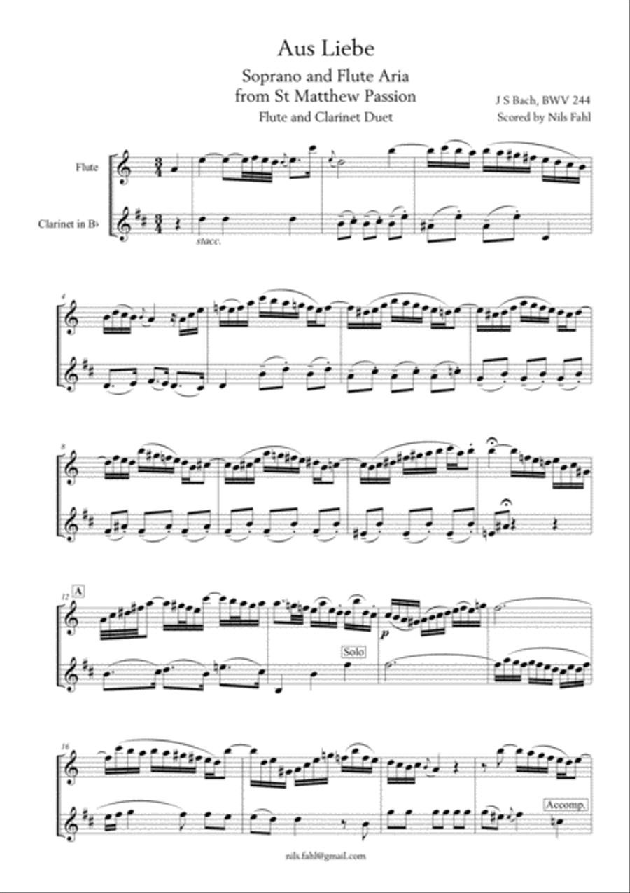 J S Bach Aus Liebe from St Matthew Passion, BWV 244. Flute and Clarinet Duet Woodwind Duet scores gallery preview page 1