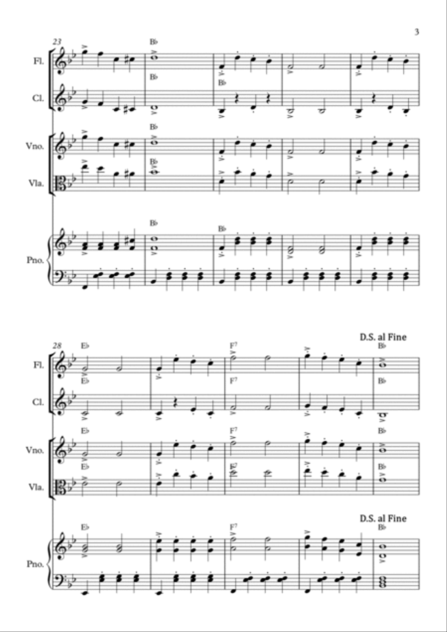 Jingle Bells in Bb (Flute, Clarinet Bb, Violin, Viola + Piano accomp) B-Flat Clarinet scores gallery preview page 3