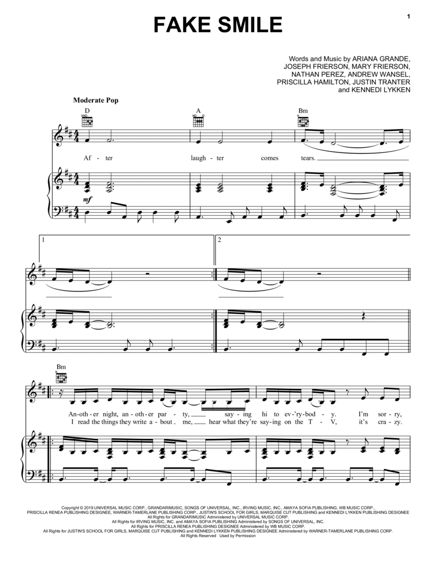 Fake Smile Piano, Vocal, Guitar scores gallery preview page 1