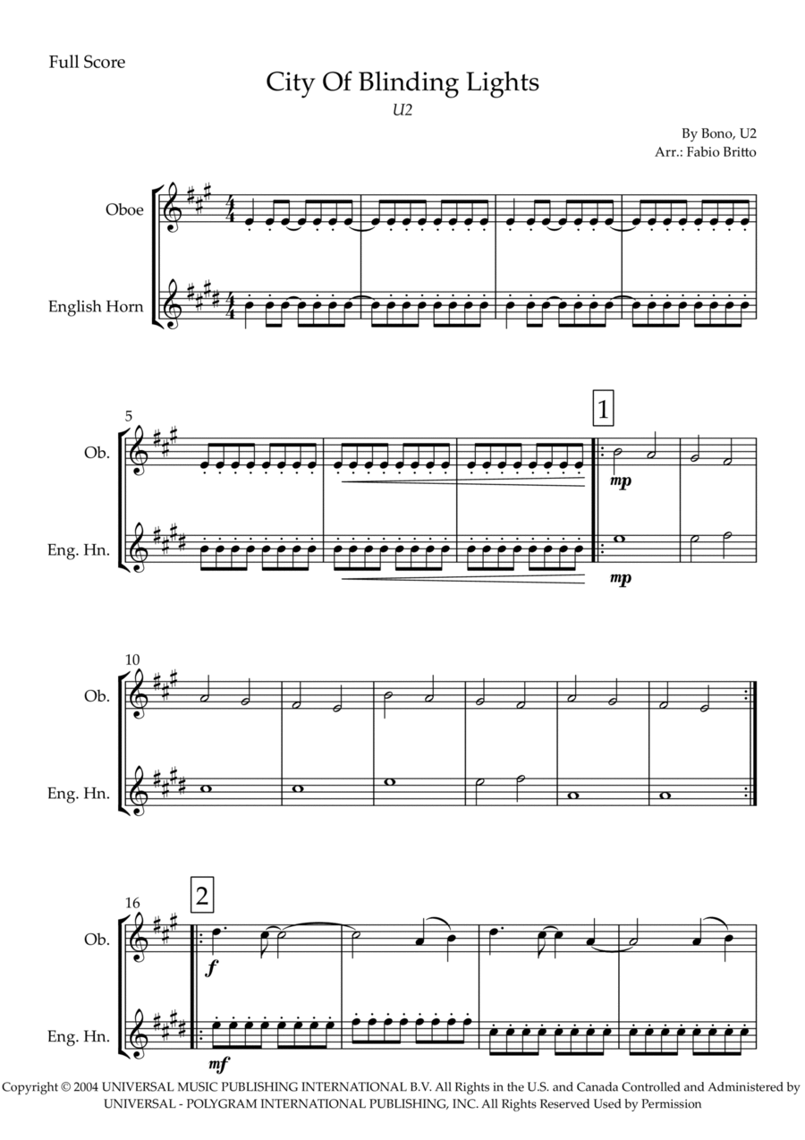 City Of Blinding Lights Woodwind Duet scores gallery preview page 1