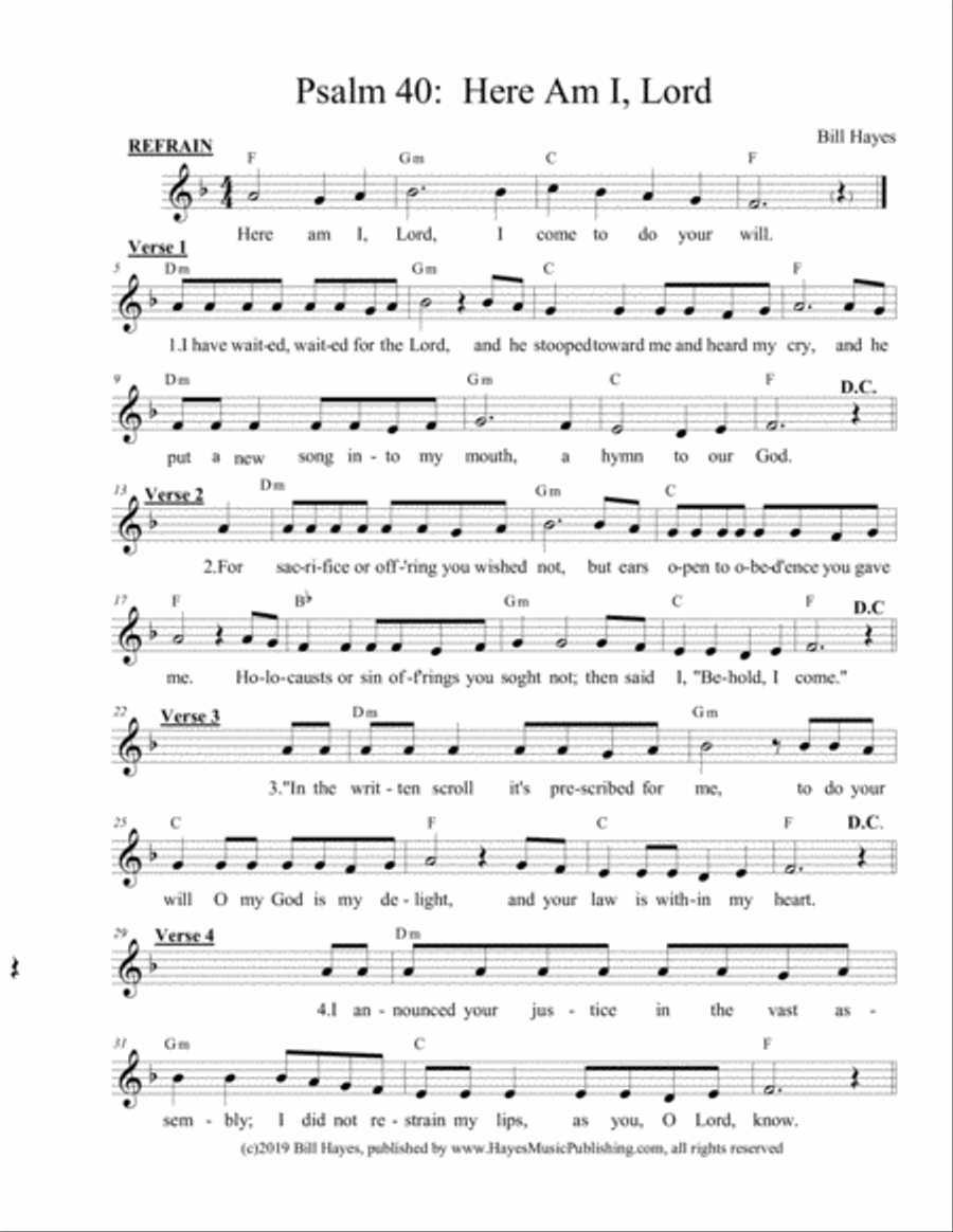 Psalm 40: Here Am I,Lord; (combined leadsheet and piano/vocal arrangements) Voice scores gallery preview page 1