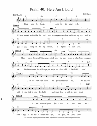 Psalm 40: Here Am I,Lord; (combined leadsheet and piano/vocal arrangements)