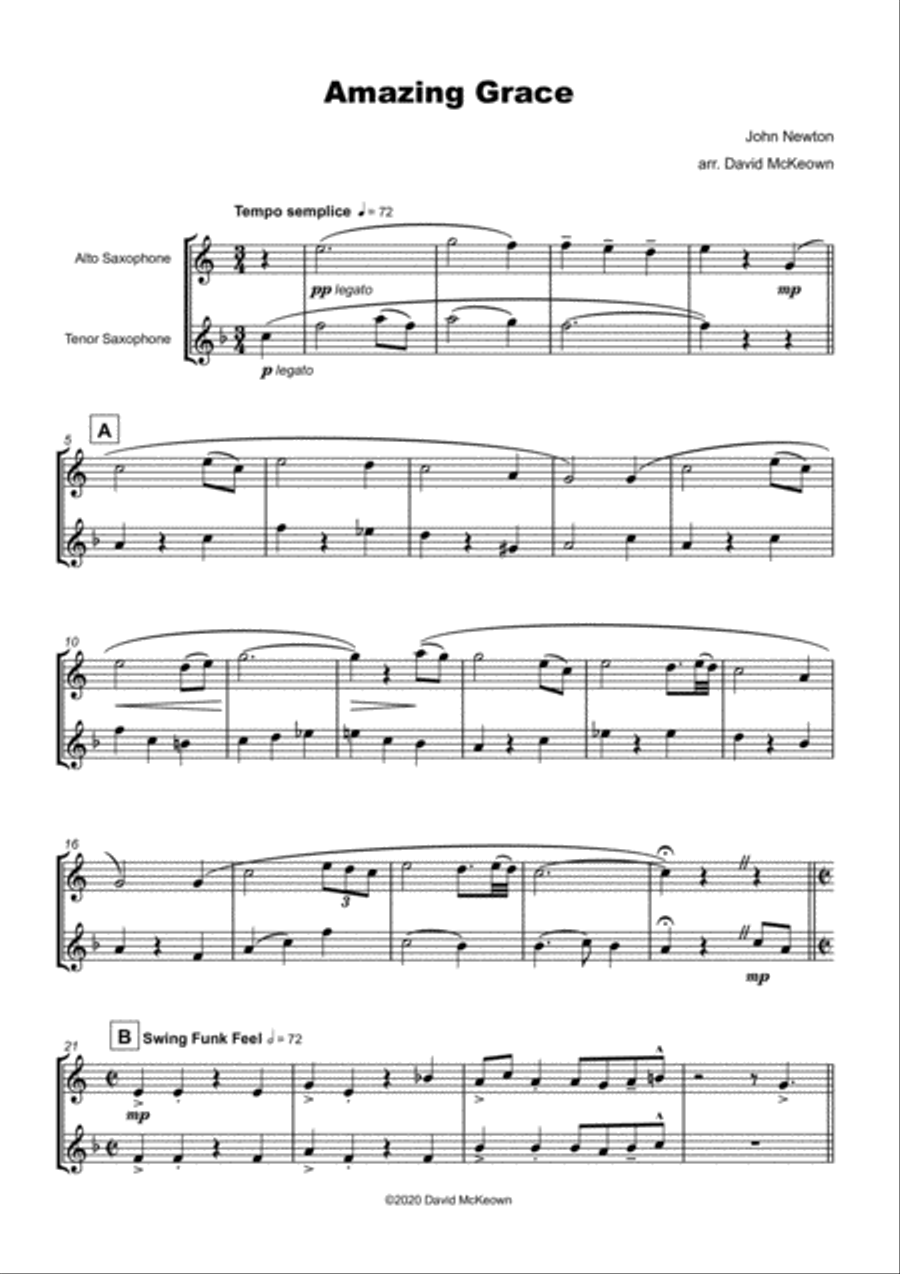 Amazing Grace, Gospel style for Alto and Tenor Saxophone Duet Woodwind Duet scores gallery preview page 2