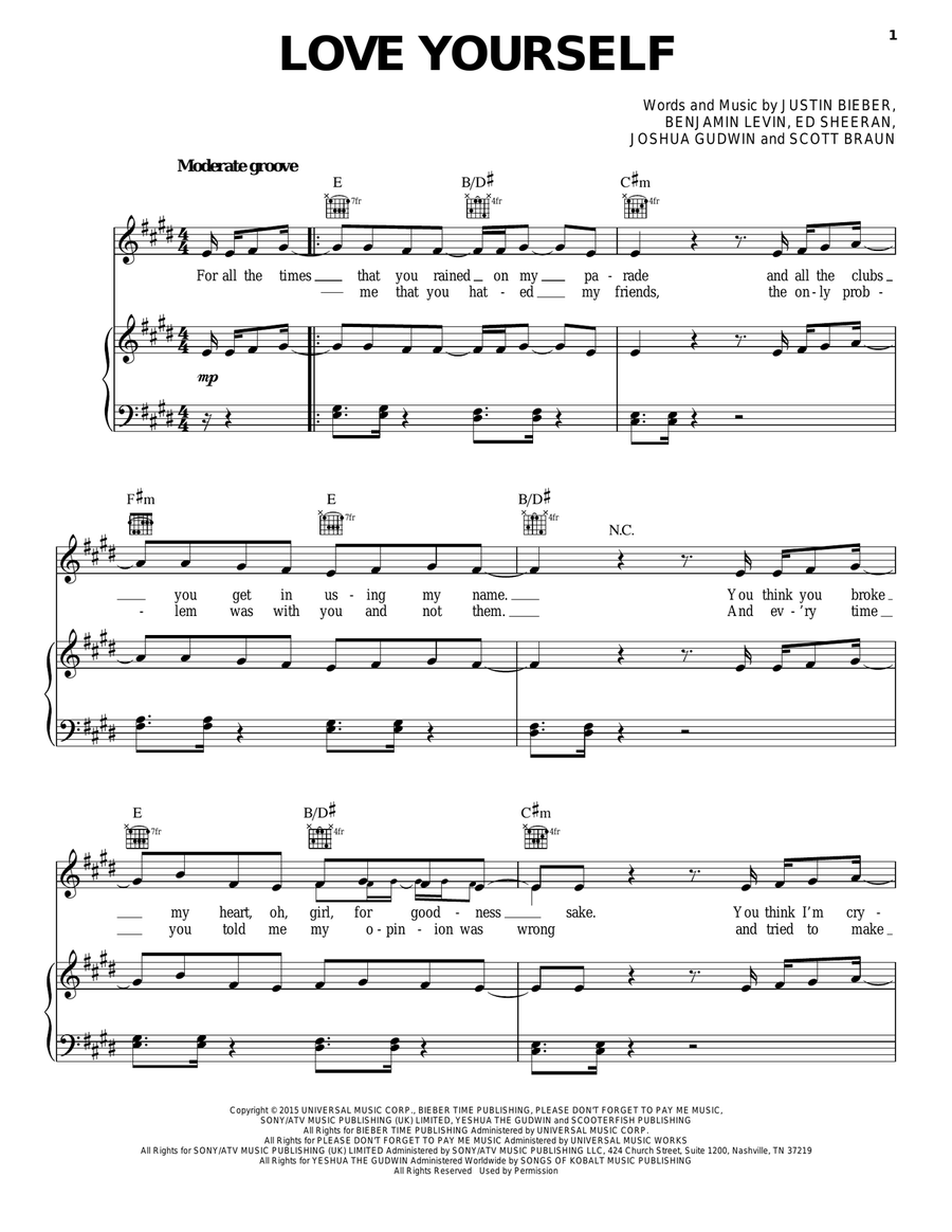 Love Yourself Piano, Vocal, Guitar scores gallery preview page 1