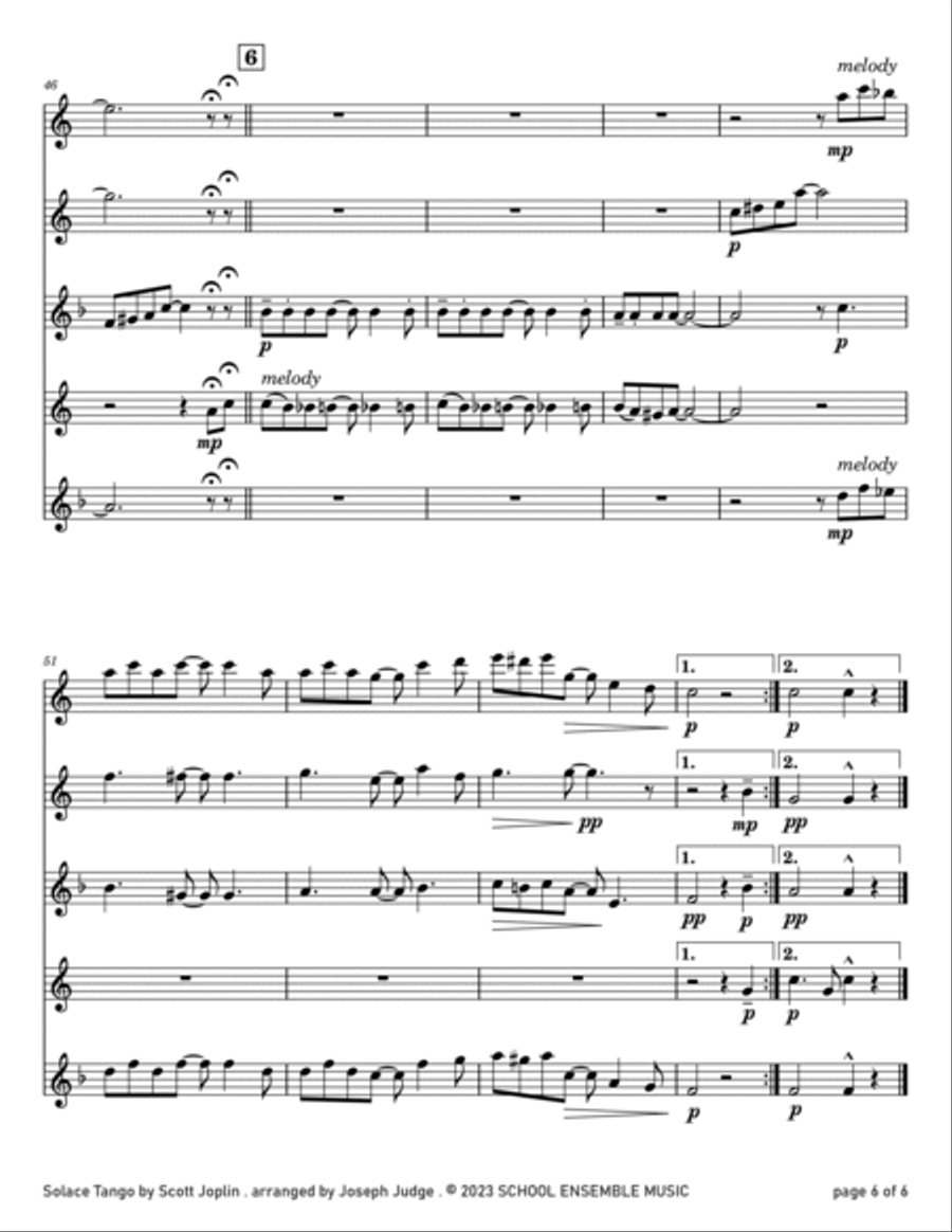 Solace Tango by Scott Joplin for Saxophone Quartet in Schools Saxophone Quartet scores gallery preview page 6