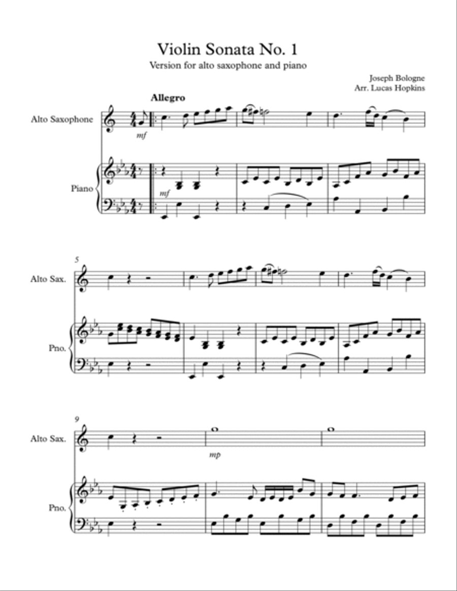 Bologne - Violin Sonata No. 1 (for saxophone) Soprano Saxophone scores gallery preview page 3