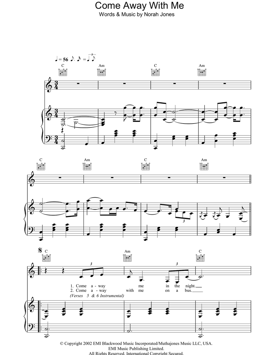 Come Away With Me Piano, Vocal, Guitar scores gallery preview page 1