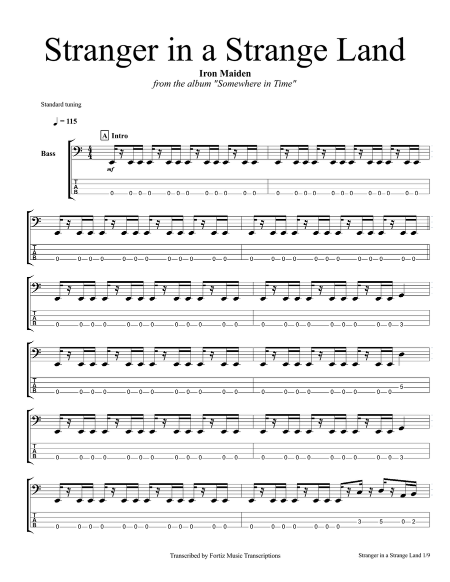 Stranger In A Strange Land Bass Guitar Tablature scores gallery preview page 1
