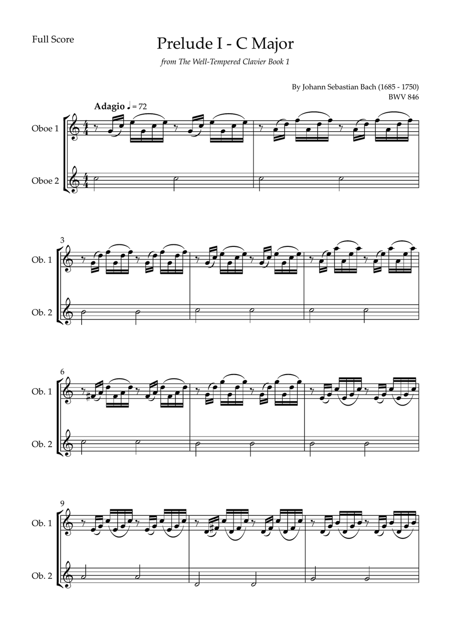 Prelude 1 in C Major BWV 846 (from Well-Tempered Clavier Book 1) for Oboe Duo
