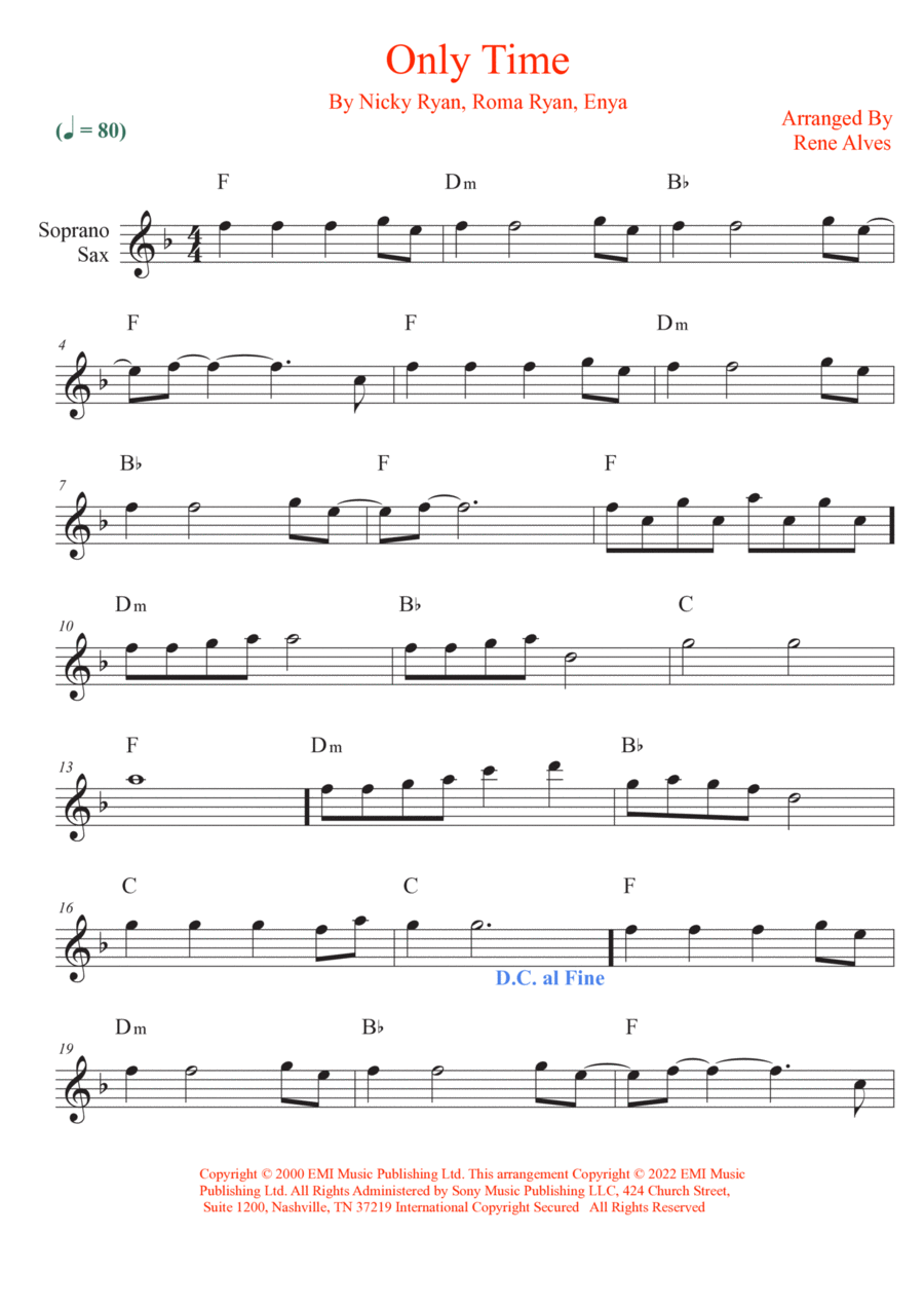 Only Time Soprano Saxophone scores gallery preview page 1