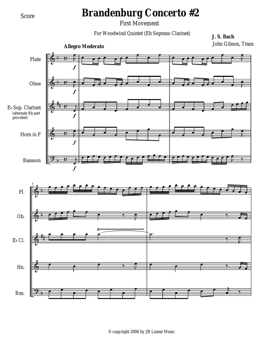 Bach Brandenburg Concerto #2 - 1st Movement for Woodwind Quintet Woodwind Quintet scores gallery preview page 1