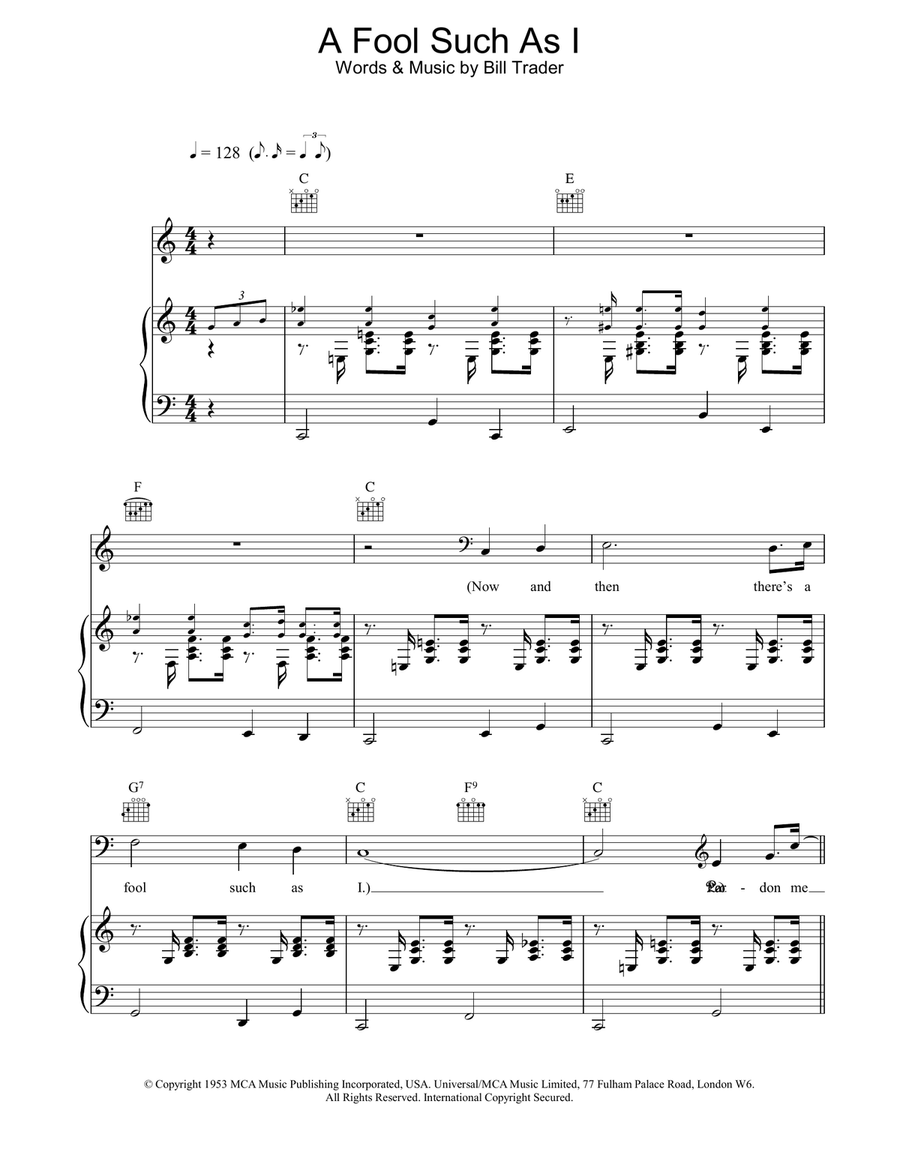(Now And Then There's) A Fool Such As I Piano, Vocal, Guitar scores gallery preview page 1