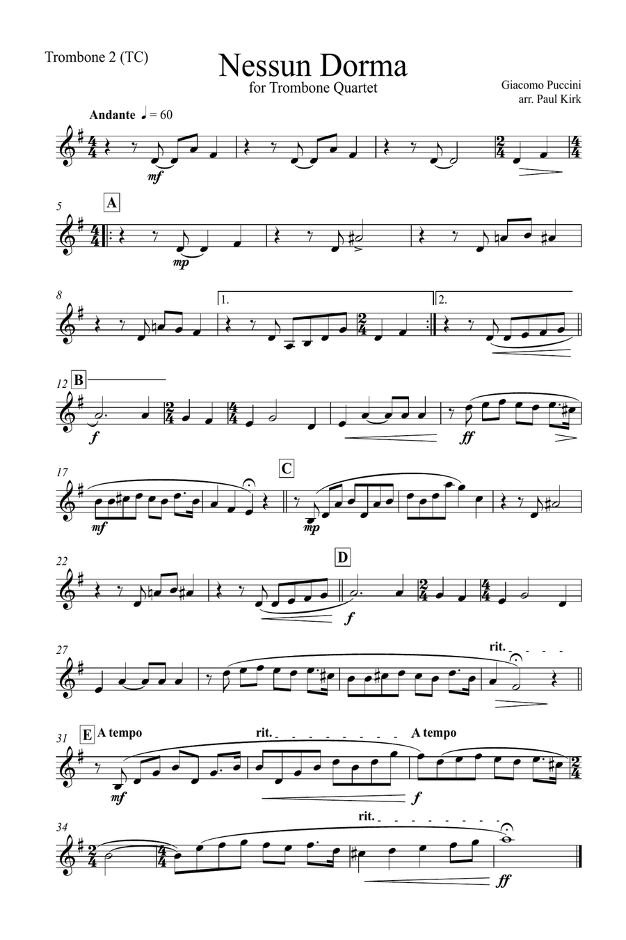 Nessun Dorma - Trombone Choir Brass Quartet scores gallery preview page 6