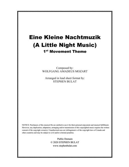 Eine Kleine Nachtmusik (Mozart) - Lead sheet in original key of G