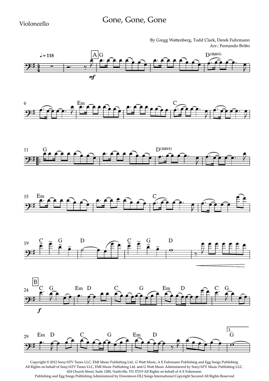 Gone, Gone, Gone by Phillip Phillips Cello Solo - Digital Sheet Music