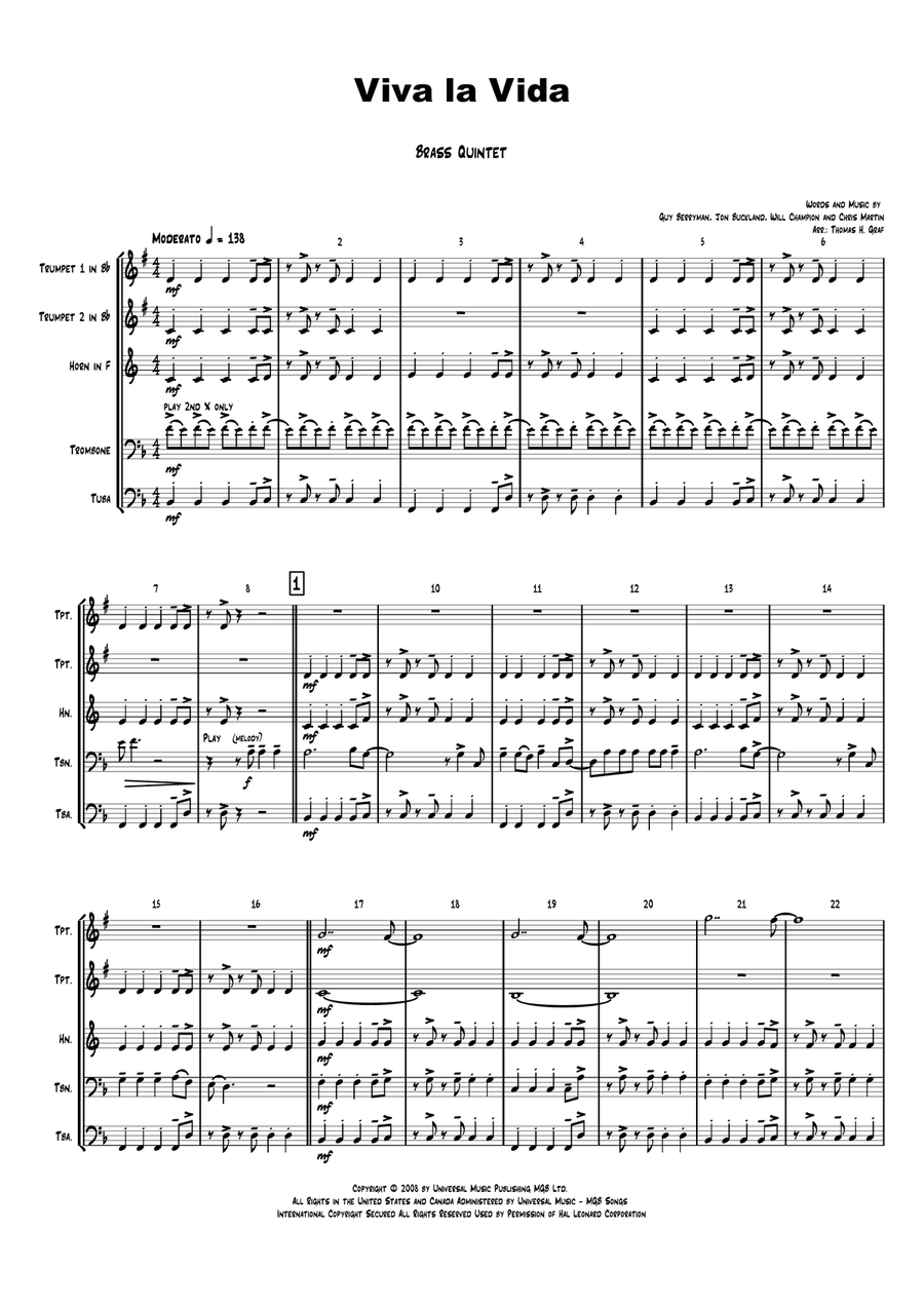 Viva La Vida Brass Ensemble scores gallery preview page 1