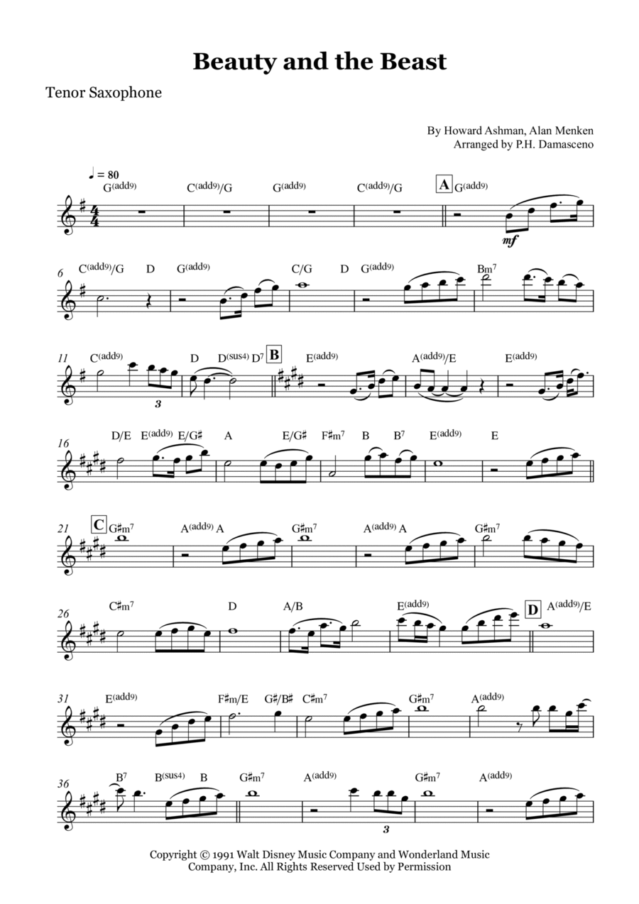 Beauty And The Beast Beauty And The Beast Tenor Saxophone scores gallery preview page 1