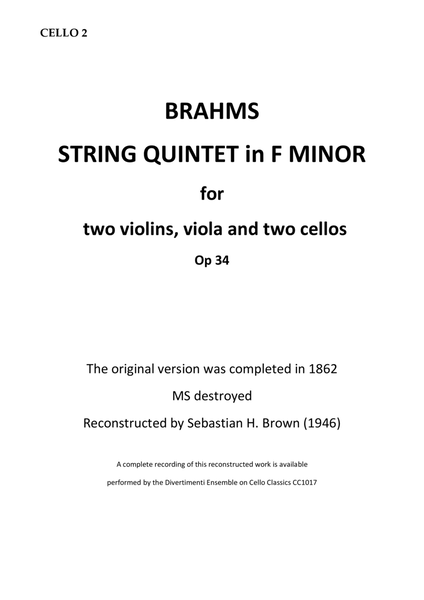 Brahms String Quintet Op34 for 2 vlns viola and 2 Cellos (Brown) CELLO 2 part