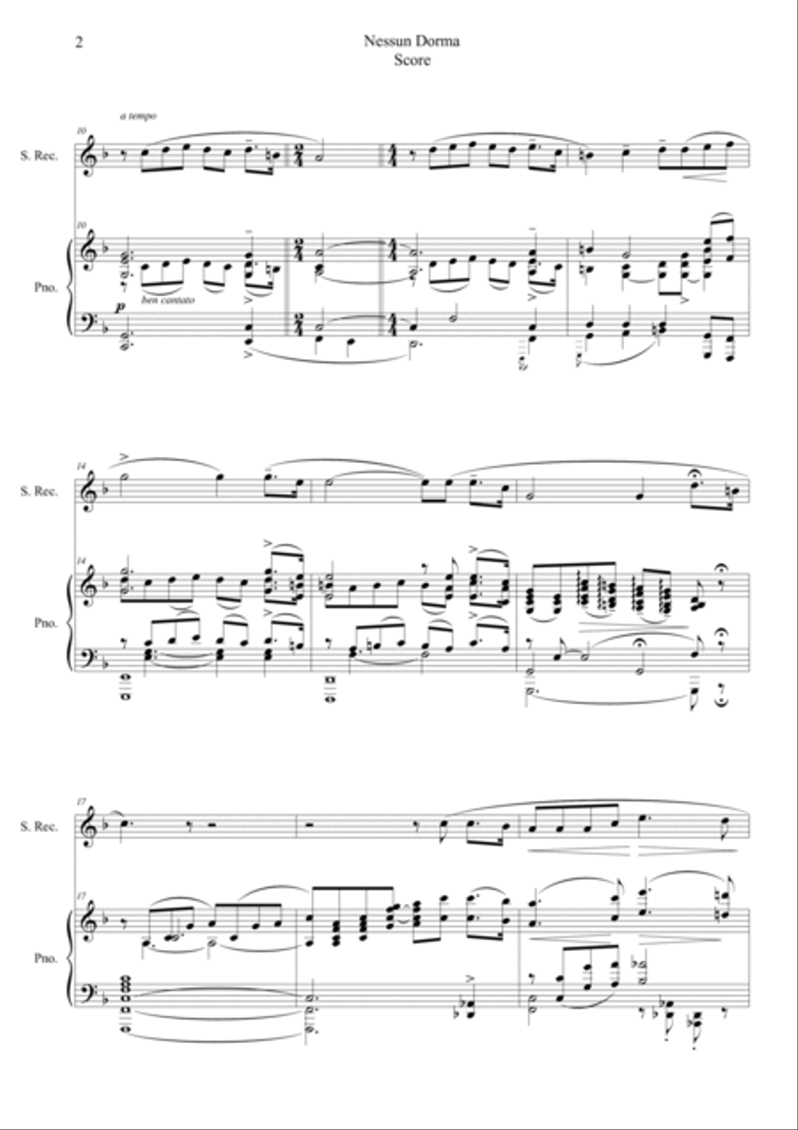 Nessun Dorma (Opera Turandot aria) Soprano Recorder scores gallery preview page 2