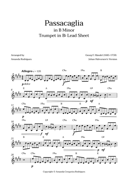 Passacaglia - Easy Trumpet in Bb Lead Sheet in Bm Minor (Johan Halvorsen's Version) image number null