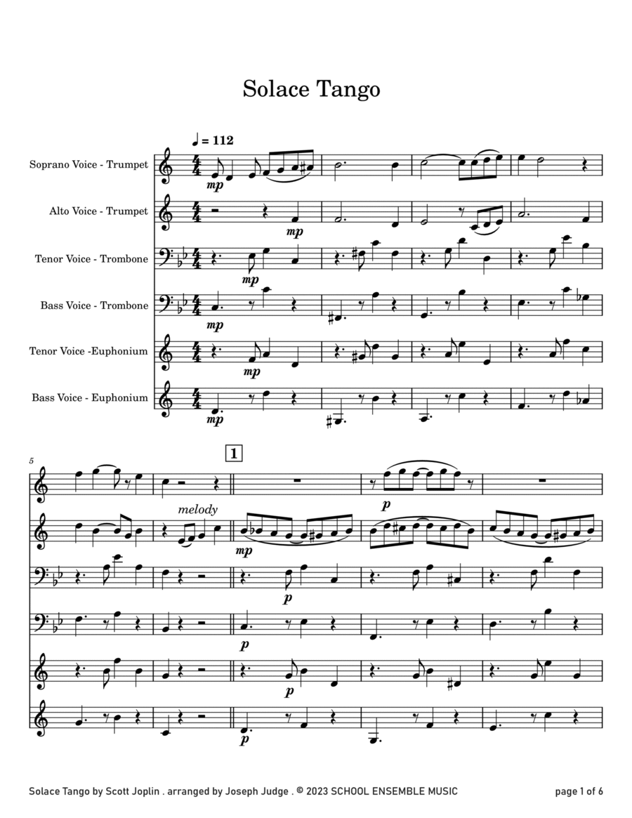 Solace Tango by Scott Joplin for Brass Quartet in Schools Brass Quartet scores gallery preview page 1