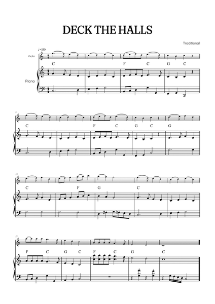 Deck the Halls for violin with piano accompaniment • easy Christmas song sheet music with chords image number null
