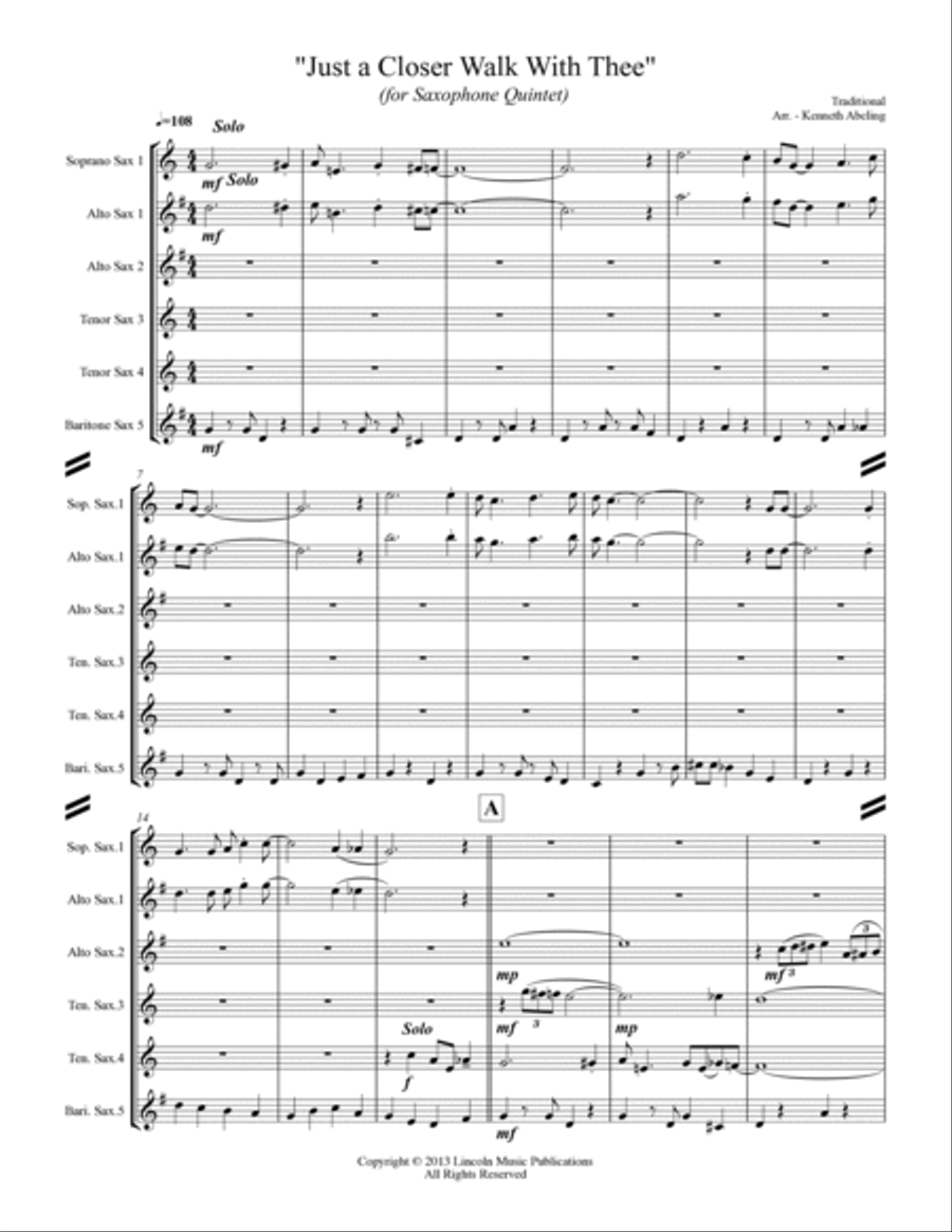 A Closer Walk With Thee (for Saxophone Quintet SATTB or AATTB) Saxophone Quintet scores gallery preview page 2