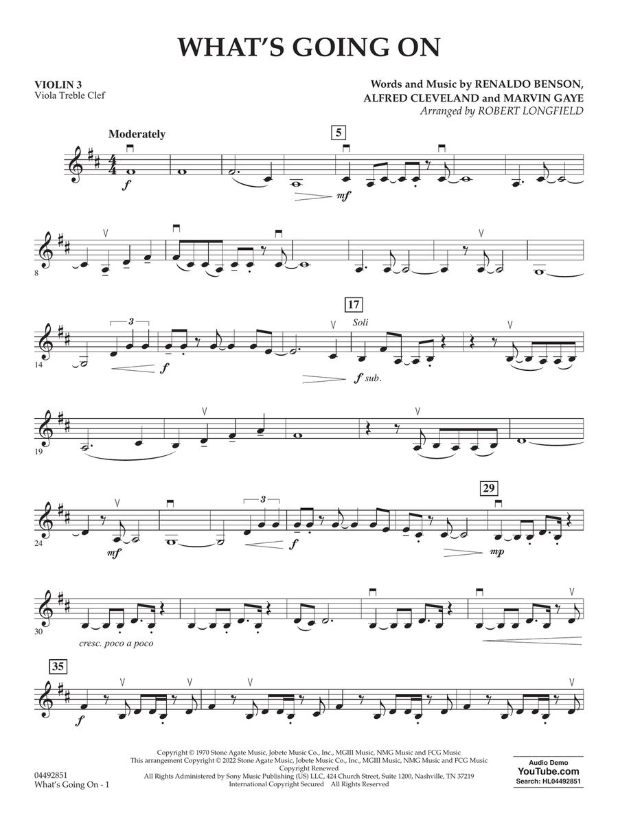 What's Going On (arr. Robert Longfield) - Violin 3 (Viola Treble Clef) String Orchestra scores gallery preview page 1