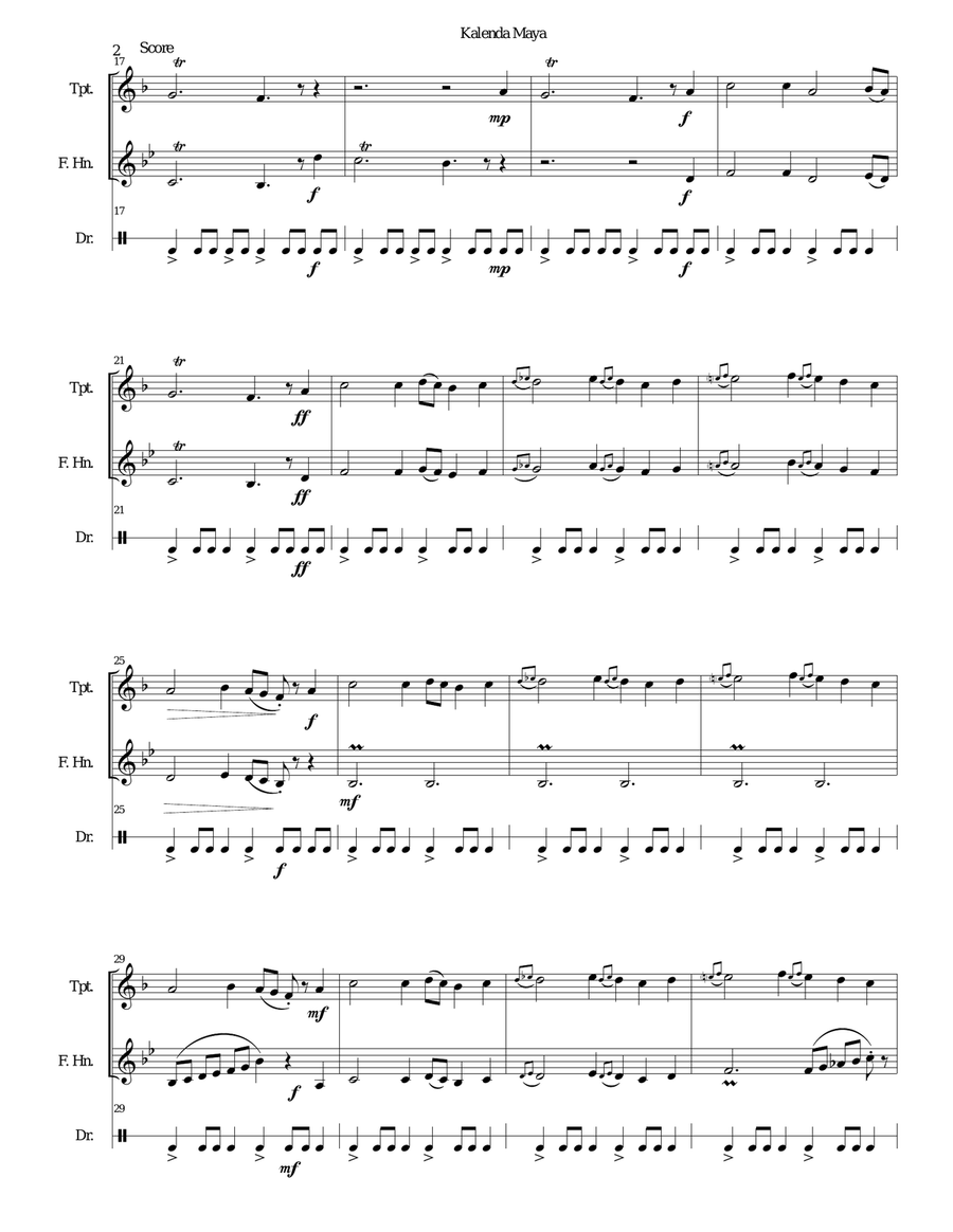 Kalenda Maya for trumpet, horn and drum Small Ensemble scores gallery preview page 2
