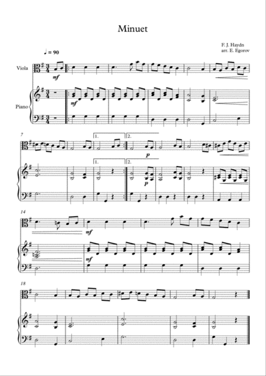 Minuet (In F Major), Franz Joseph Haydn, For Viola & Piano Viola scores gallery preview page 1