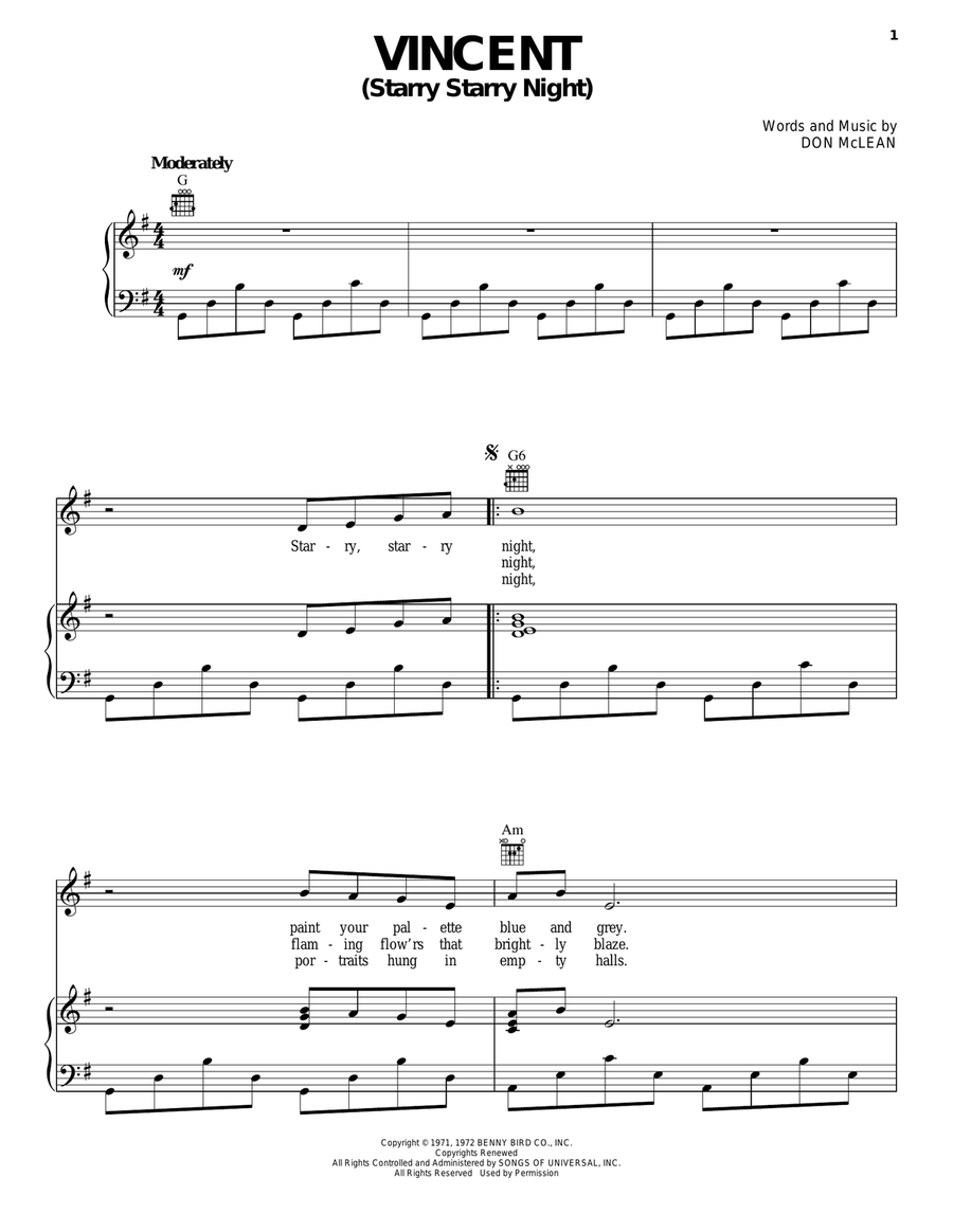 Vincent (Starry Starry Night) Piano, Vocal, Guitar scores gallery preview page 1