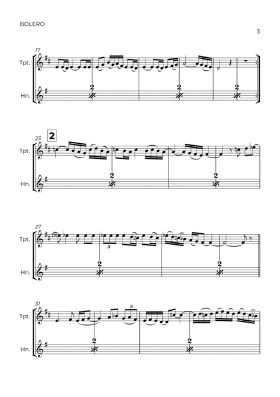 BOLERO - RAVEL - TRUMPET & HORN Brass Duet scores gallery preview page 3