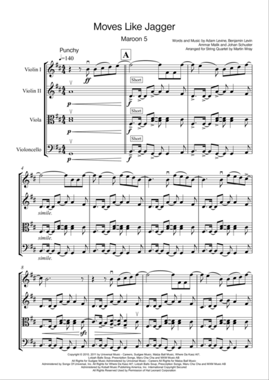 Moves Like Jagger String Quartet scores gallery preview page 1