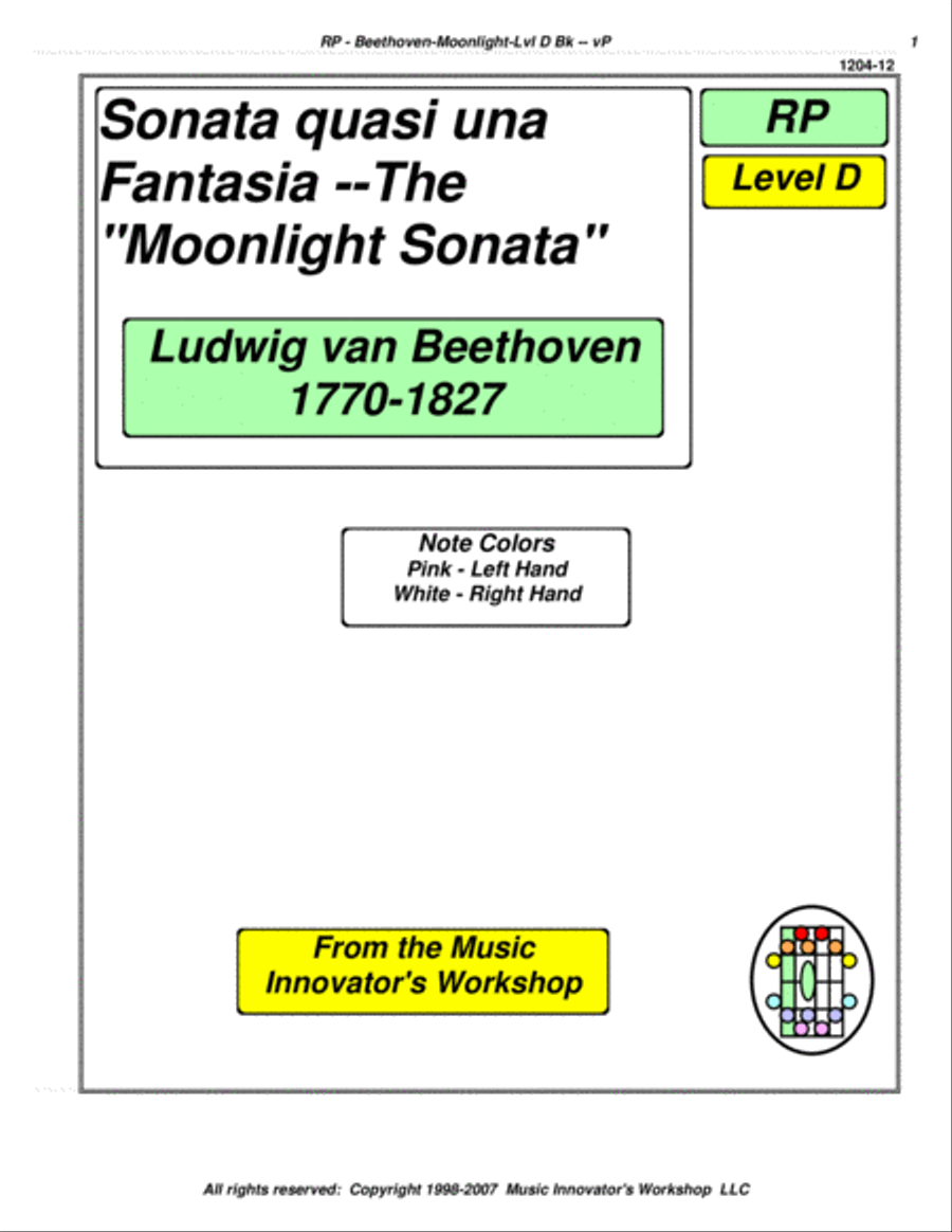 Beethoven - Moonlight Sonata - Level D - (Key Map Tablature) Piano Solo scores gallery preview page 1