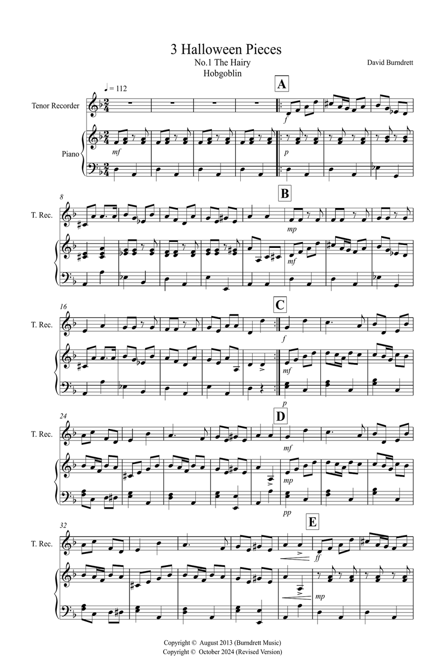 3 Halloween Pieces for Tenor Recorder and Piano Tenor Recorder scores gallery preview page 1