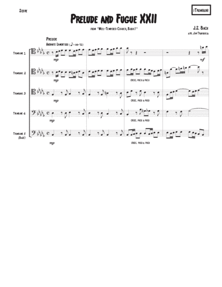 Prelude and Fugue XXII from WTC Book I for Trombone Quintet