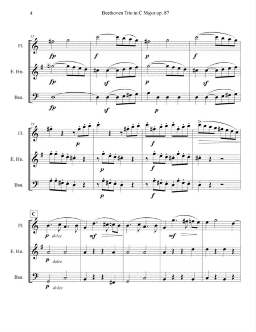 Allegro (mvt. 1) from Beethoven Trio in C Major, Op. 87, for Flute, English horn, and Bassoon Woodwind Trio scores gallery preview page 6