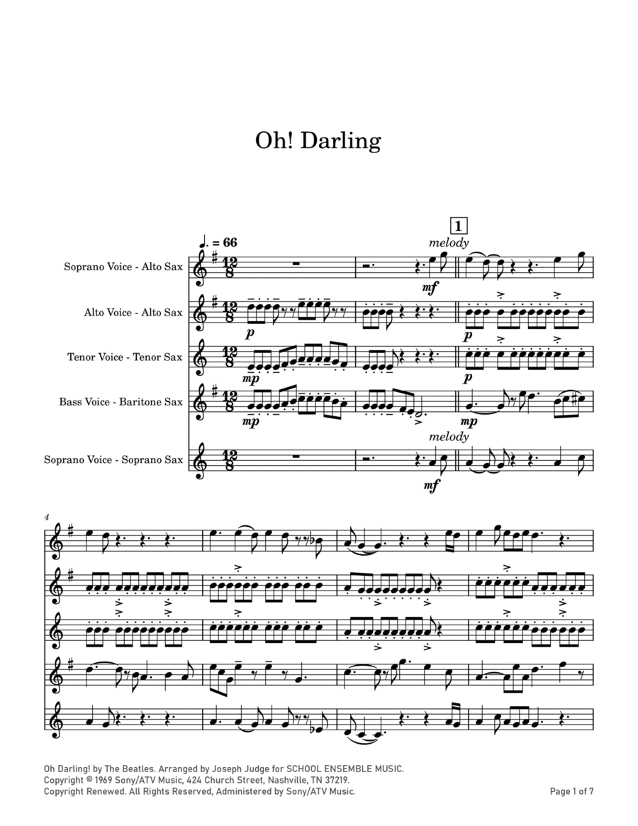 Oh! Darling Saxophone Quartet scores gallery preview page 1