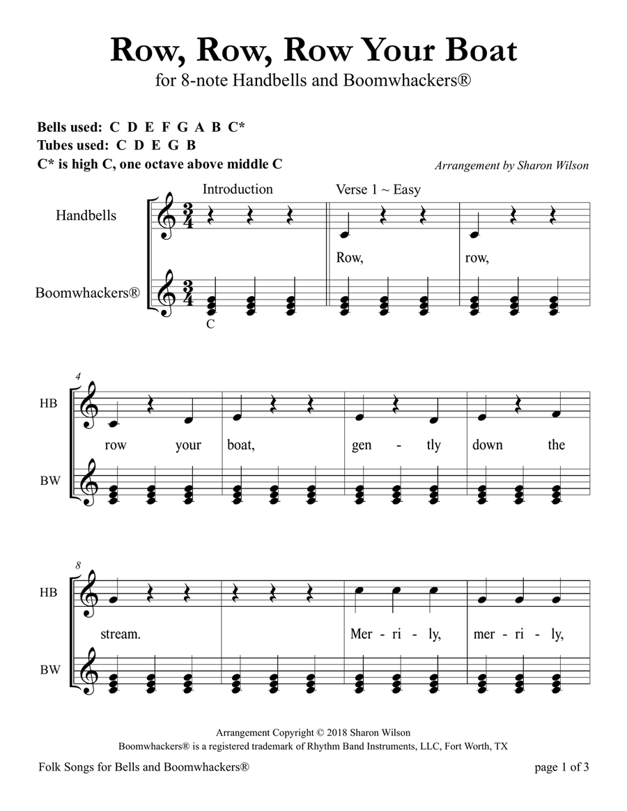 Row, Row, Row Your Boat (for 8-note Bells and Boomwhackers with Black and White Notes) Handbell Choir scores gallery preview page 5