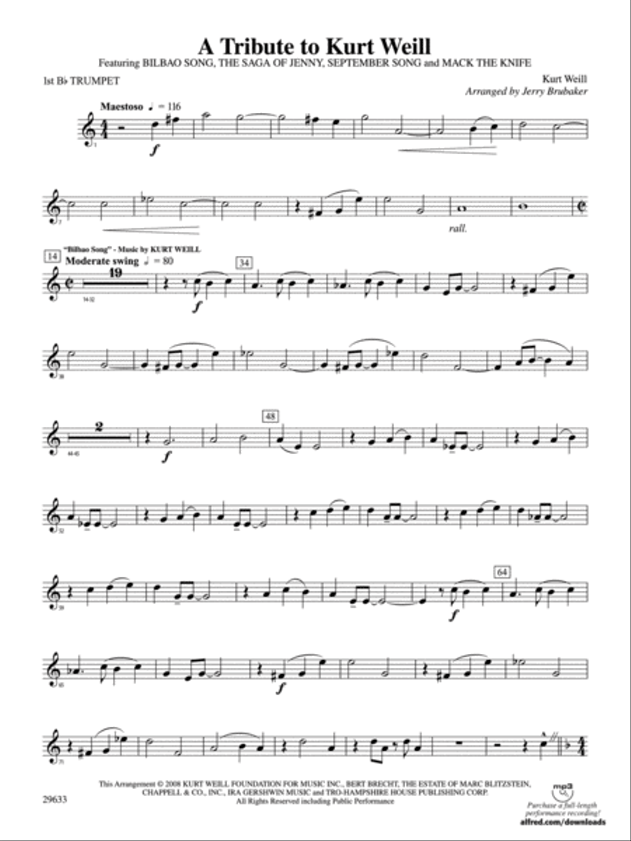 A Tribute to Kurt Weill: 1st B-flat Trumpet Concert Band scores gallery preview page 1