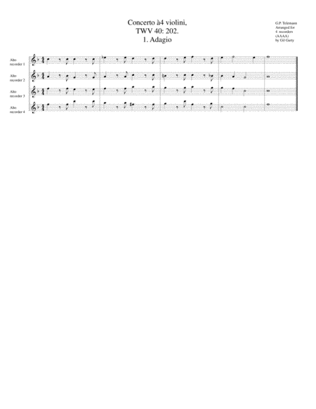 Concerto for 4 violins, TWV 40: 202 (Arrangement for 4 Alto recorders) image number null