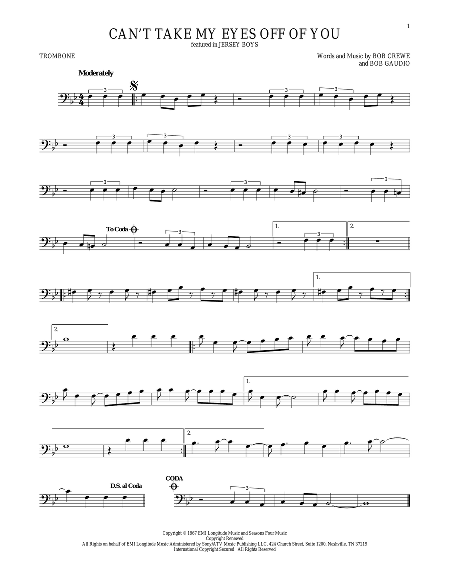 Can't Take My Eyes Off Of You (from Jersey Boys) Trombone Solo scores gallery preview page 1