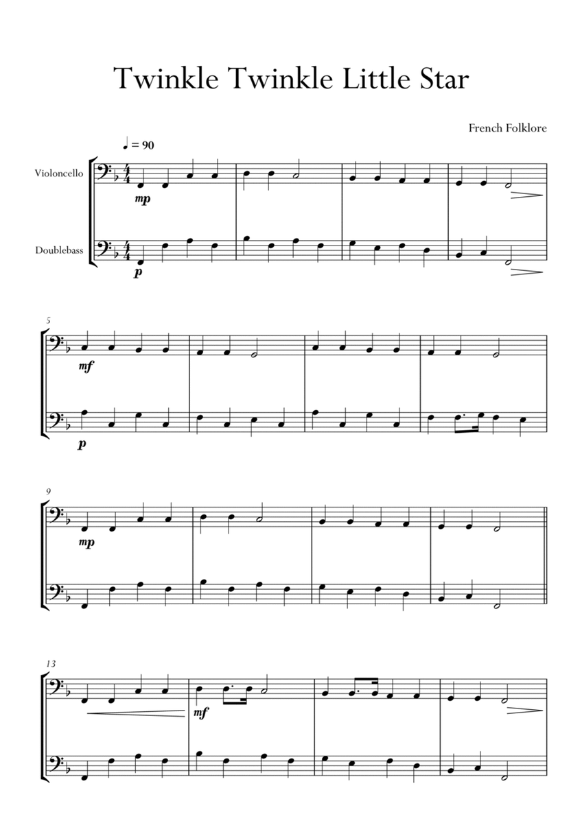 Twinkle Twinkle Little Star in F Major for Cello (Violoncello) and Double Bass Duo. Easy version. image number null